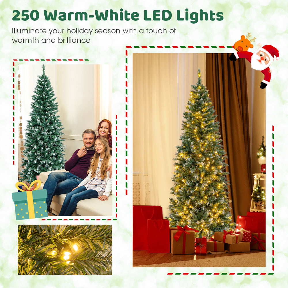 6 feet pre-lit artificial Christmas tree with 618 snowy branch tips and 250 warm-white LED lights for festive decor.