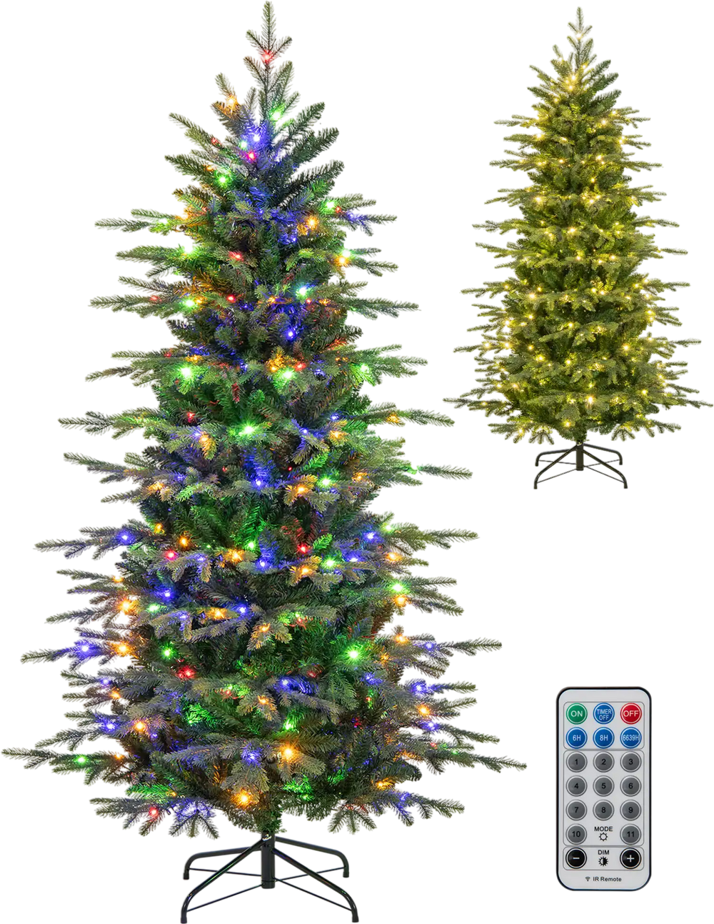 6 feet pre-lit artificial Christmas tree with multicolored and warm white LED lights, featuring a sturdy metal base and.