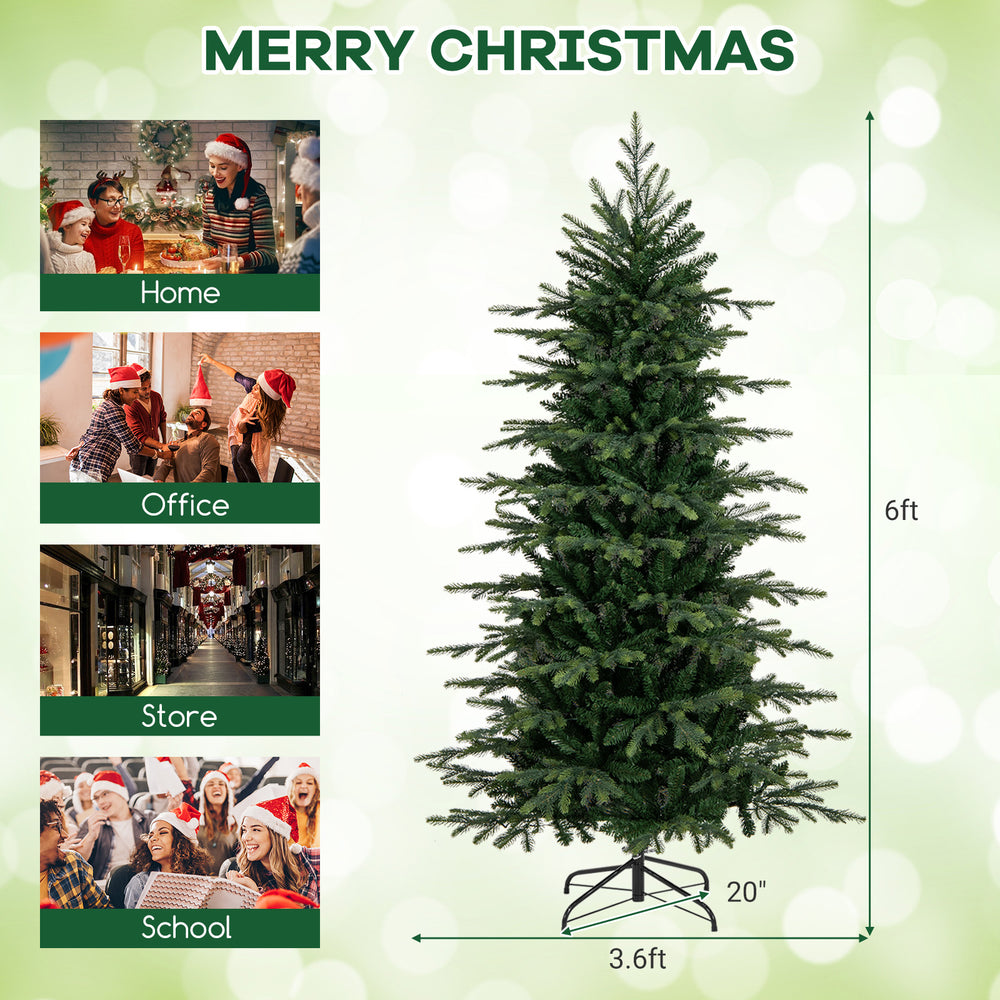 6-foot pre-lit artificial Christmas tree with warm white LED lights, featuring 714 branch tips for a natural look.