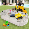 Kids playing in a 6 feet oval sandbox with built-in corner seats, featuring a dust-proof cover and weather-resistant.