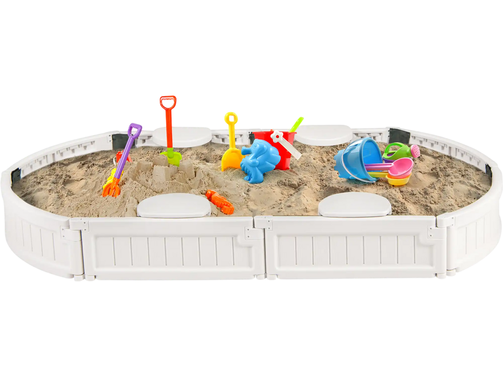 Oval sandbox for kids with built-in corner seats, dust-proof cover, and weather-resistant HPDE, ideal for outdoor play.