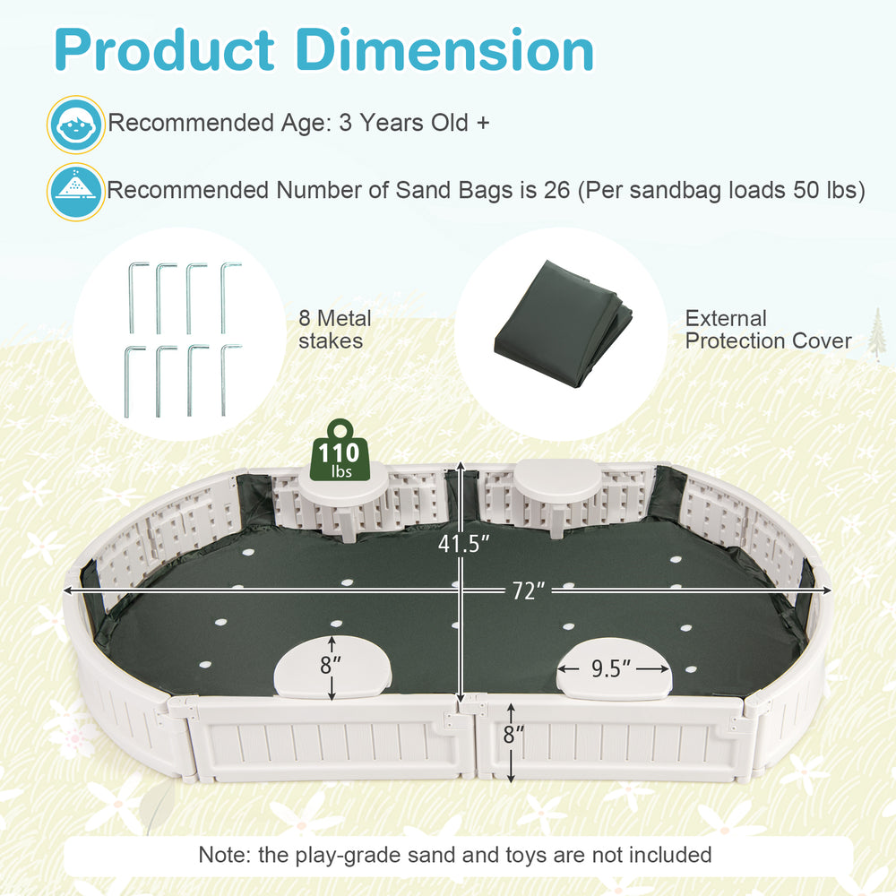6 feet kids oval sandbox in white with built-in corner seats and dust-proof cover, perfect for outdoor play.