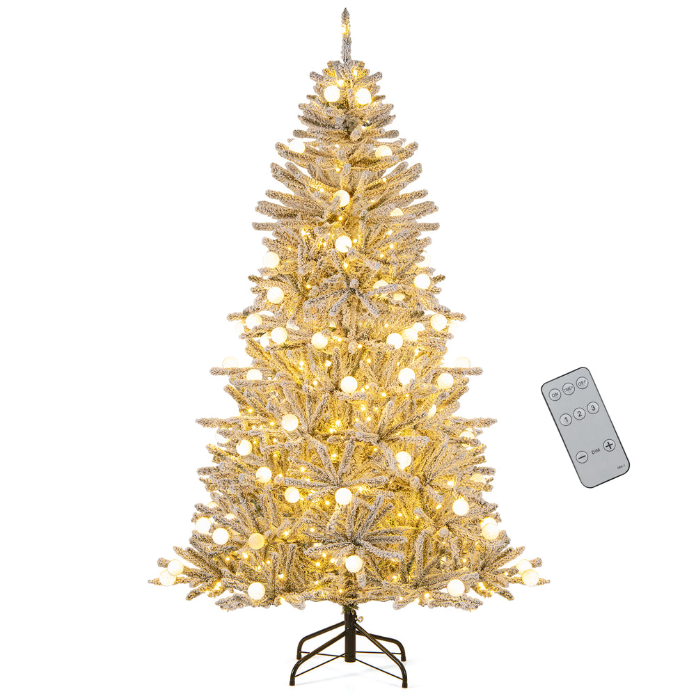 Snow-flocked 6 feet artificial Christmas tree with 81 sphere lights and remote control for festive illumination.