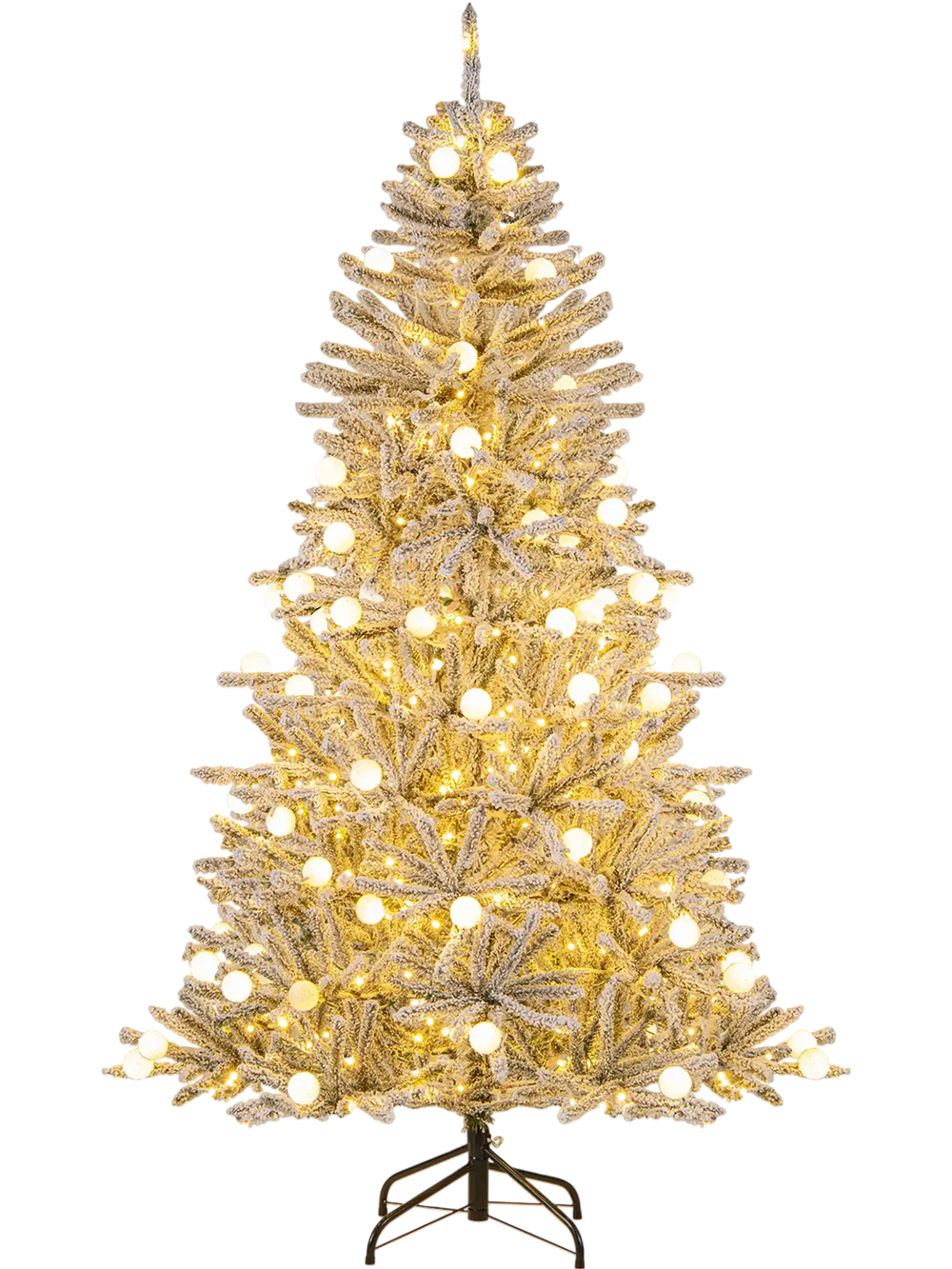 6-foot snow-flocked artificial Christmas tree pre-lit with 81 sphere lights, featuring hinged branches and remote.