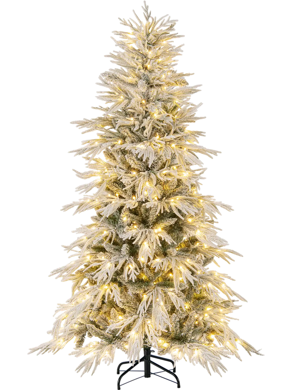 Snow-flocked 6 feet artificial Christmas tree with warm white LED lights, perfect for festive holiday decor.