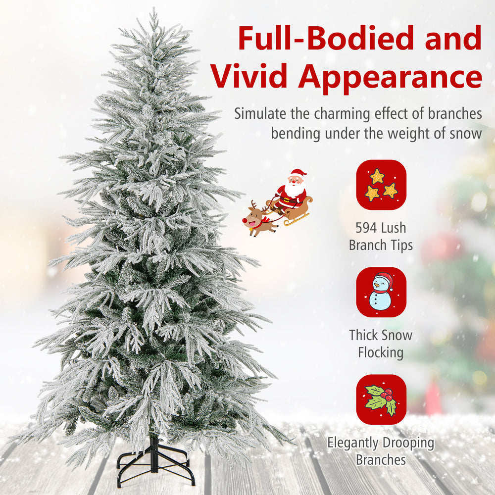 Snow-flocked 6 feet artificial Christmas tree with 594 branch tips and warm white LED lights for festive decor.