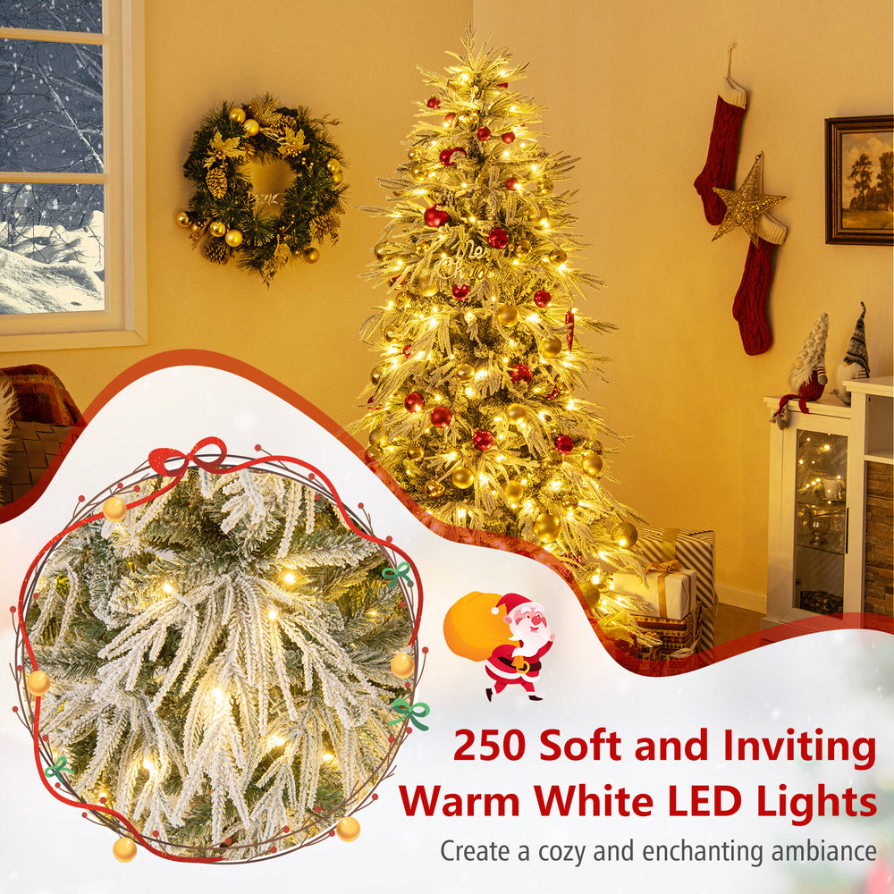6 feet snow-flocked artificial Christmas tree with 250 warm white LED lights, creating a cozy holiday ambiance.