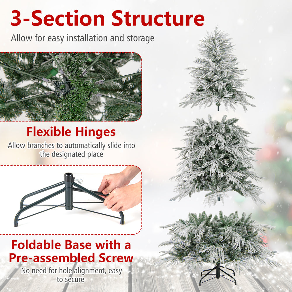 Snow-flocked 6 feet artificial Christmas tree with hinged branches and pre-lit warm white LED lights for festive decor.