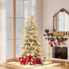 Snow-flocked 6 feet artificial Christmas tree with warm white LED lights, decorated with gifts and a cozy fireplace.