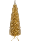 Slim pencil-shaped 6 feet yellow tinsel Christmas tree with 520 branch tips, perfect for narrow spaces and easy to decorate.
