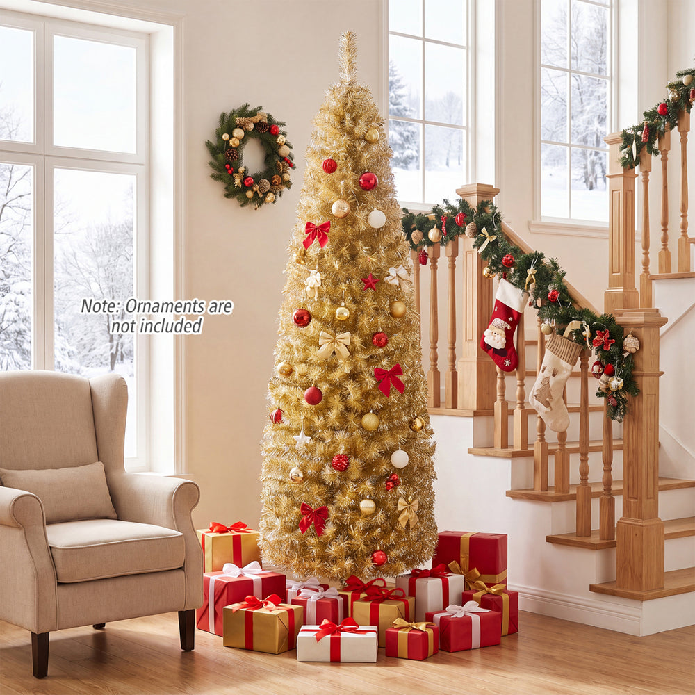 Slim pencil-shaped 6 feet yellow tinsel Christmas tree with 520 branch tips, perfect for narrow spaces and festive decor.