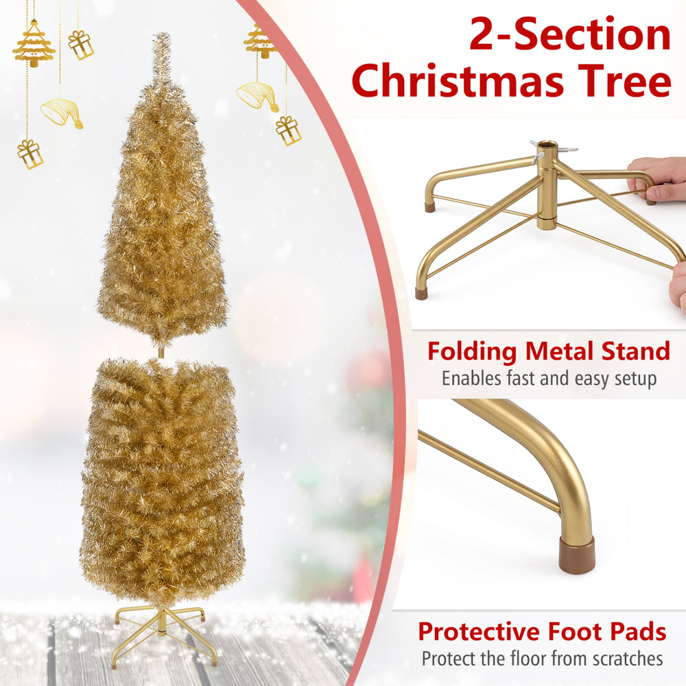 Slim yellow tinsel Christmas tree with 520 branch tips and a sturdy metal stand, perfect for narrow spaces and festive decor.