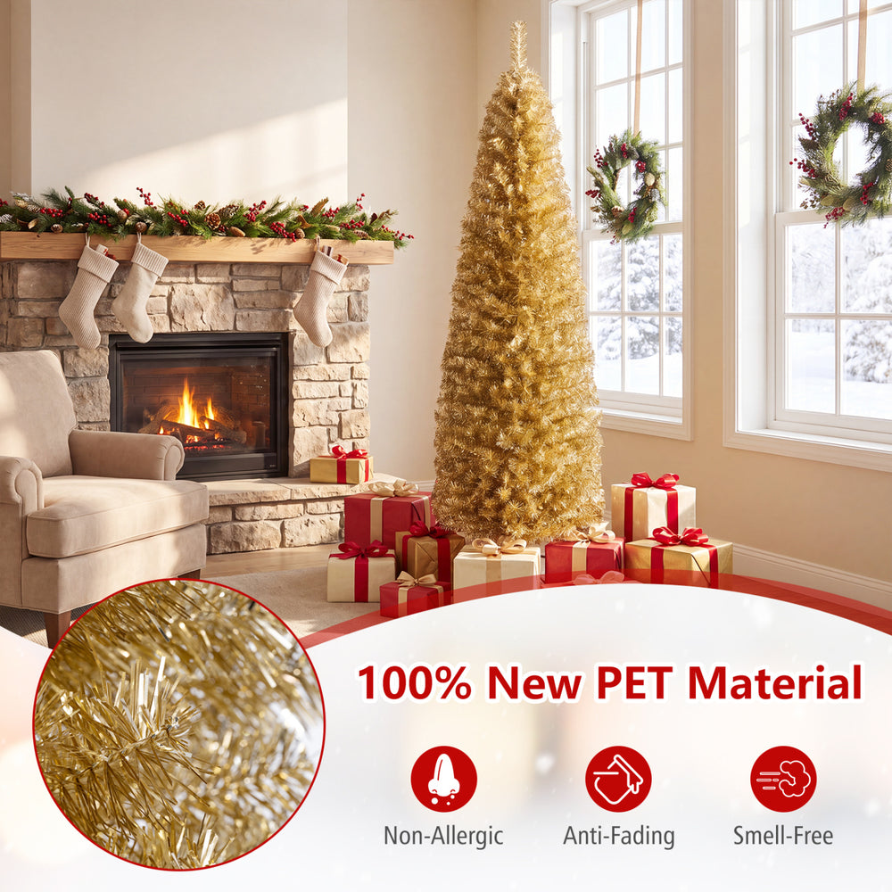 Slim pencil-shaped 6 feet yellow tinsel Christmas tree made of durable PET material, perfect for narrow spaces and festive decor.