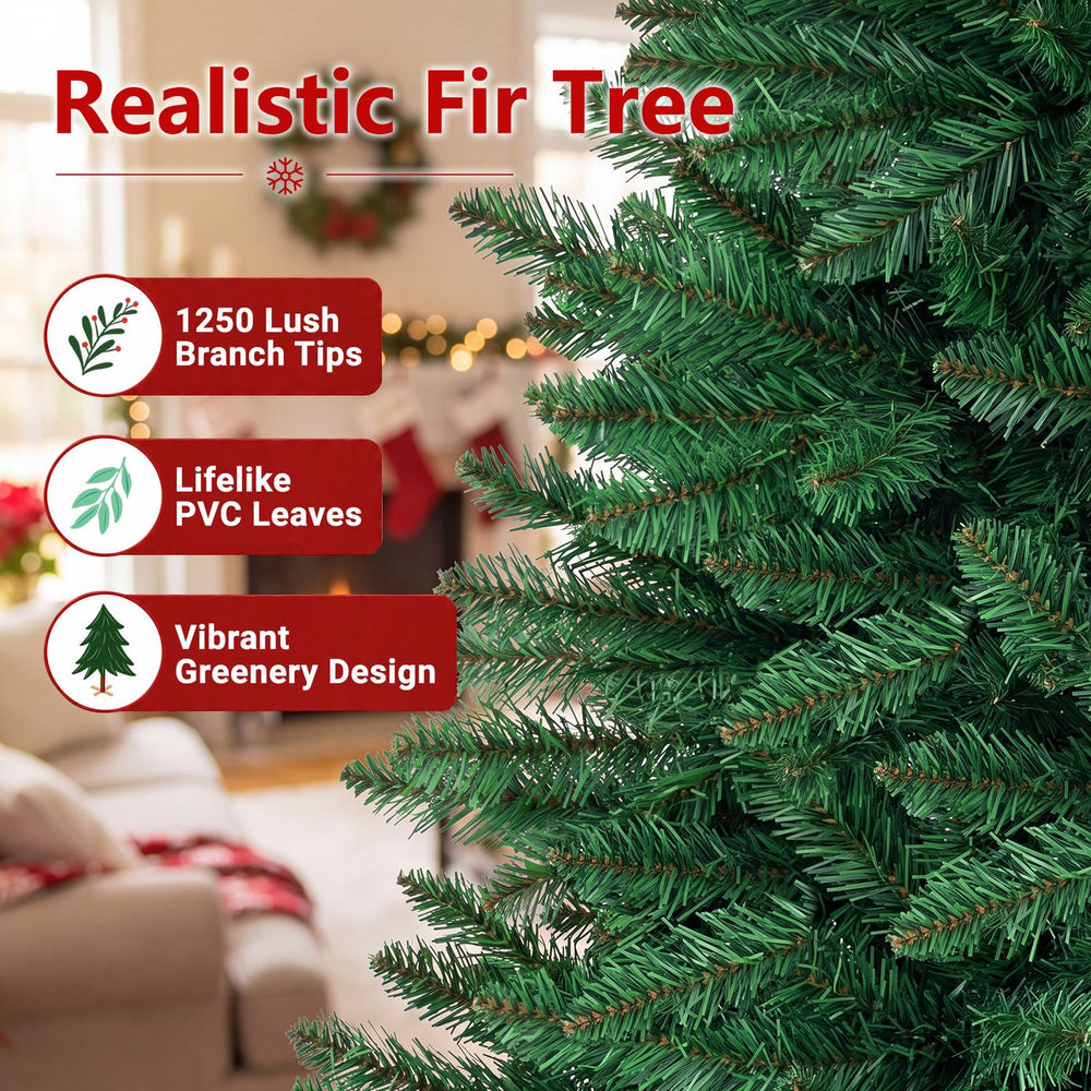 6 feet unlit artificial Christmas tree with 1250 lush branch tips, made of PVC for a realistic and festive atmosphere.