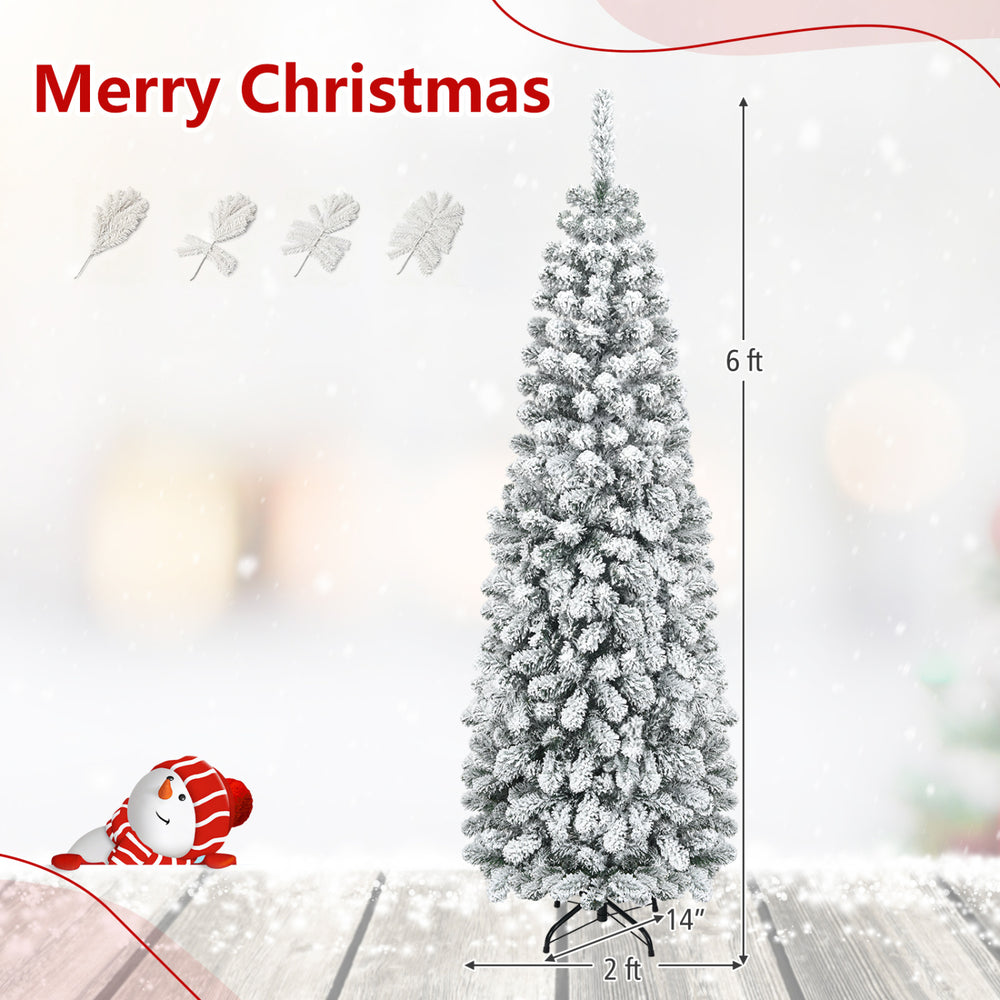 6-foot unlit hinged snow flocked artificial pencil Christmas tree with 500 branch tips for cozy holiday decorations.