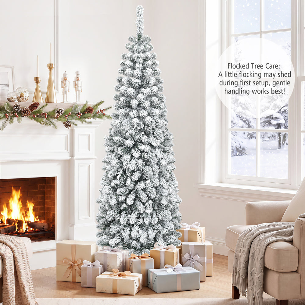 Pencil-style 6 feet unlit snow flocked artificial Christmas tree with 500 branch tips, ideal for festive corner displays.