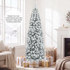 Snow flocked 6 feet unlit pencil Christmas tree with 500 branch tips, perfect for small corners and holiday decorations.