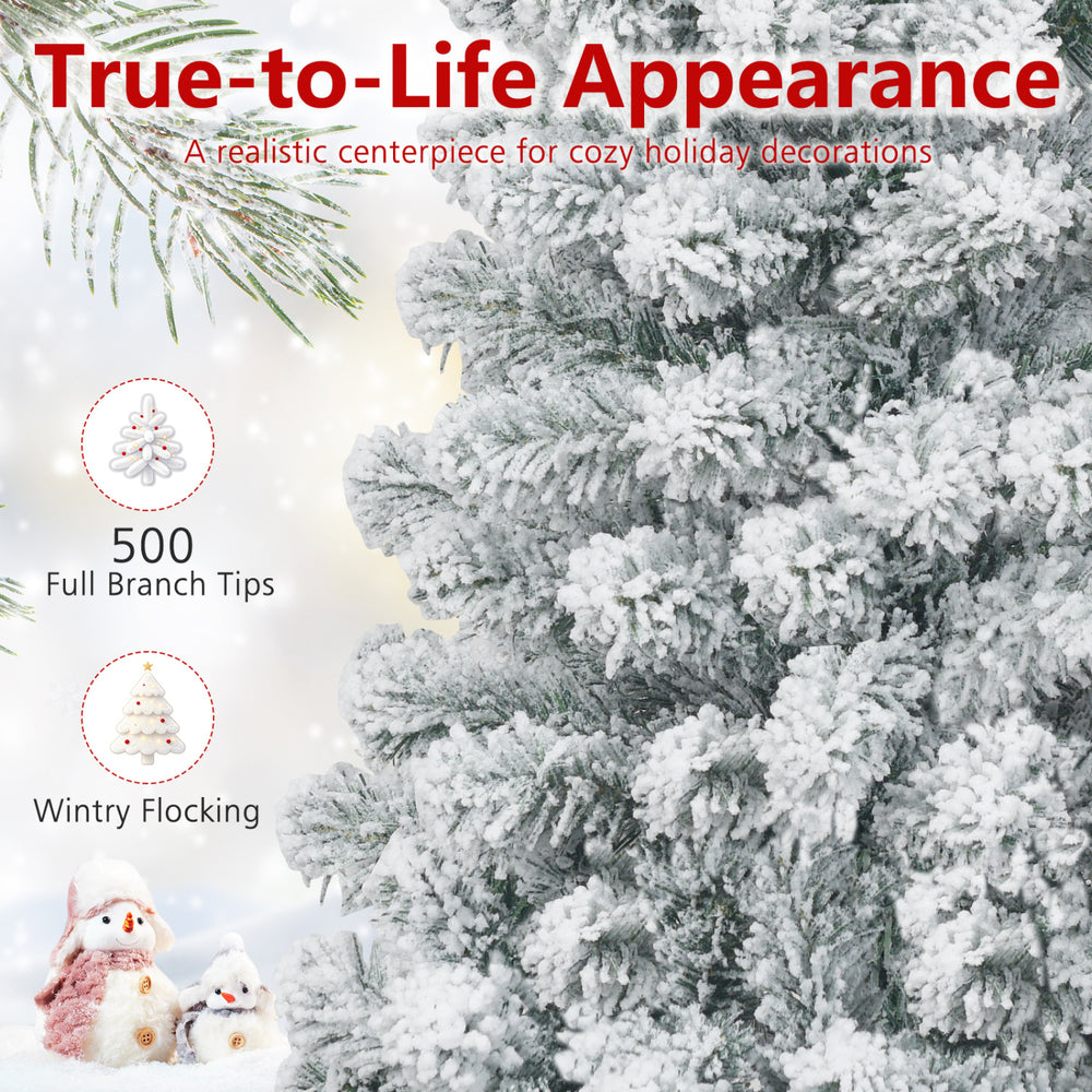 Snow flocked 6 feet unlit pencil Christmas tree with 500 branch tips, perfect for cozy holiday decorations in small spaces.