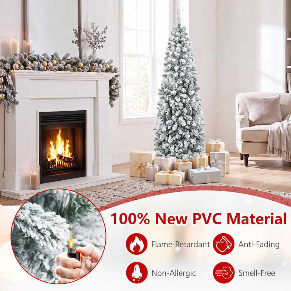 6 feet unlit hinged snow flocked artificial pencil Christmas tree with 500 branch tips for cozy holiday decorations.