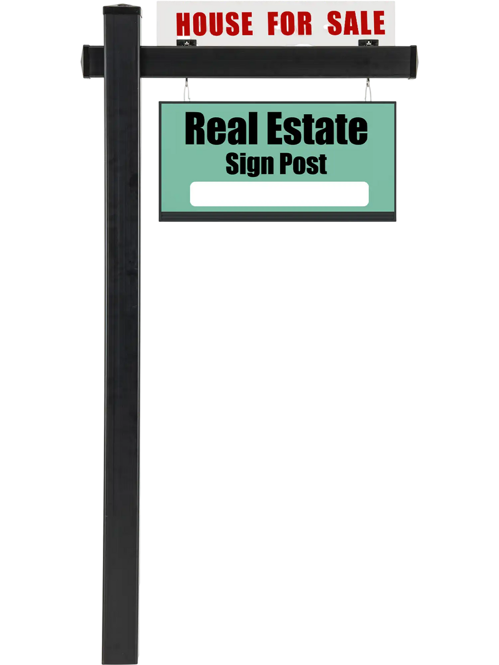 Black 6-foot UPVC real estate sign post with a 36-inch arm, ideal for displaying "House for Sale" signs outdoors.