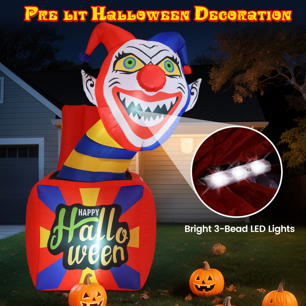 6 ft Halloween inflatable clown with bright LED lights, designed for easy setup and secure outdoor display with stakes.