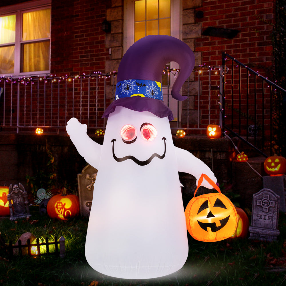 Cute 6 ft Halloween inflatable ghost with witch hat and Jack-o-lantern, featuring LED lights for spooky outdoor decor.