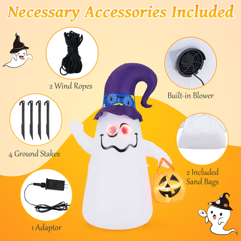 6 ft inflatable Halloween ghost with witch hat, LED lights, and included accessories for outdoor stability and fun.