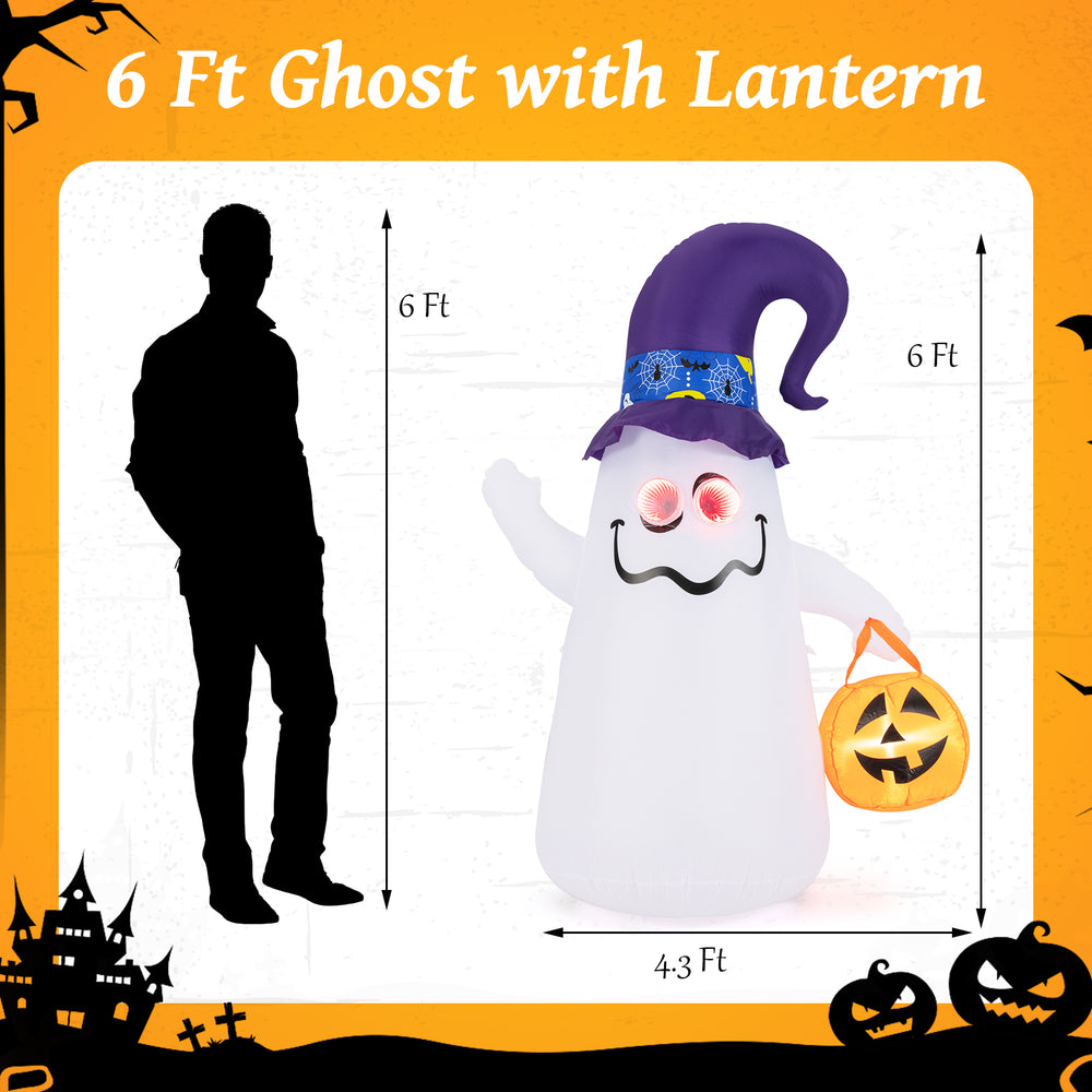 6 ft inflatable ghost with witch hat and Jack-o-lantern, featuring LED lights for Halloween decoration indoors and.