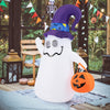 Adorable 6 ft inflatable ghost with witch hat and Jack-o-lantern, featuring LED lights for Halloween decor.