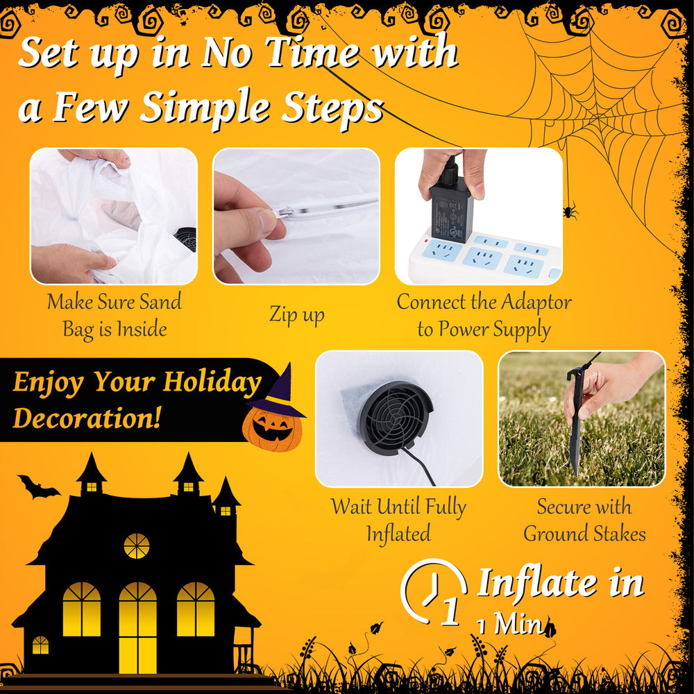 6 ft inflatable Halloween ghost with witch hat and LED lights, easy setup with included stakes and sandbags for.