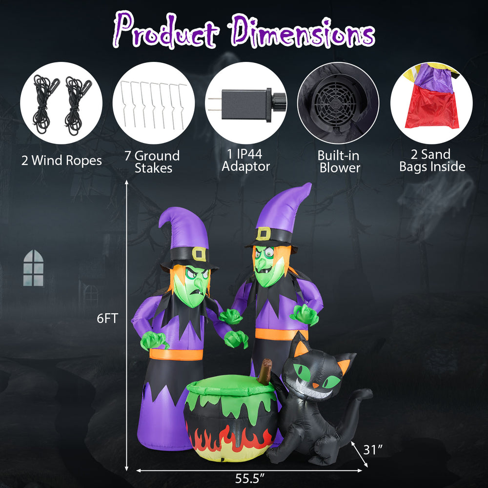 6 Ft inflatable Halloween witches with cauldron and black cat, featuring LED lights, for outdoor spooky decor.
