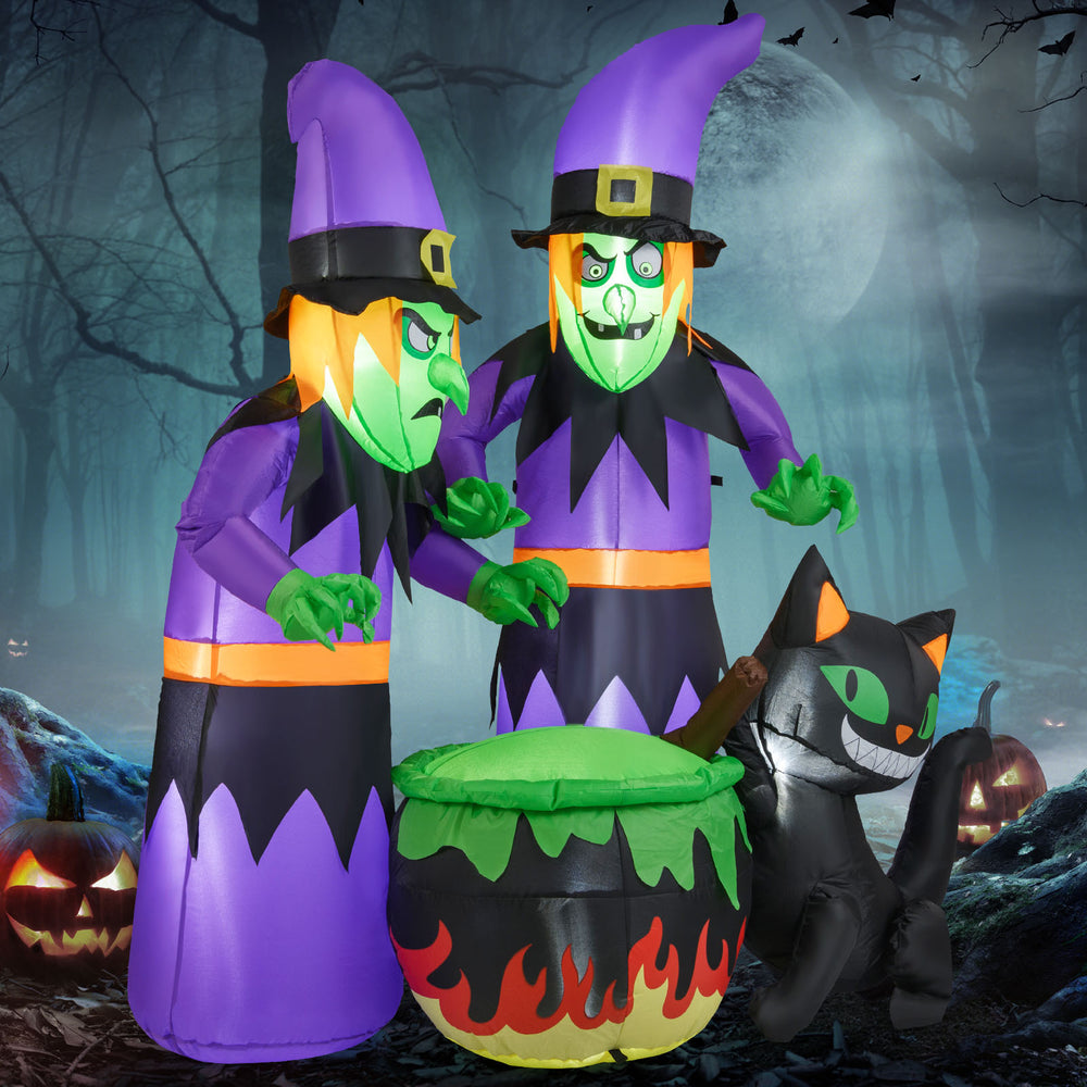 6 ft inflatable Halloween witches with cauldron and black cat, featuring bright LEDs for outdoor spooky decor.