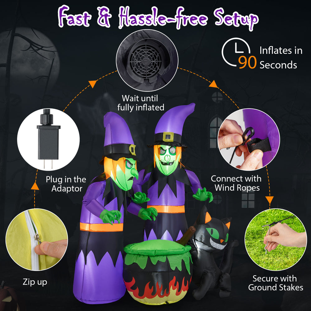 6 Ft inflatable Halloween witches with cauldron and black cat, lights up with LEDs, perfect for outdoor spooky displays.