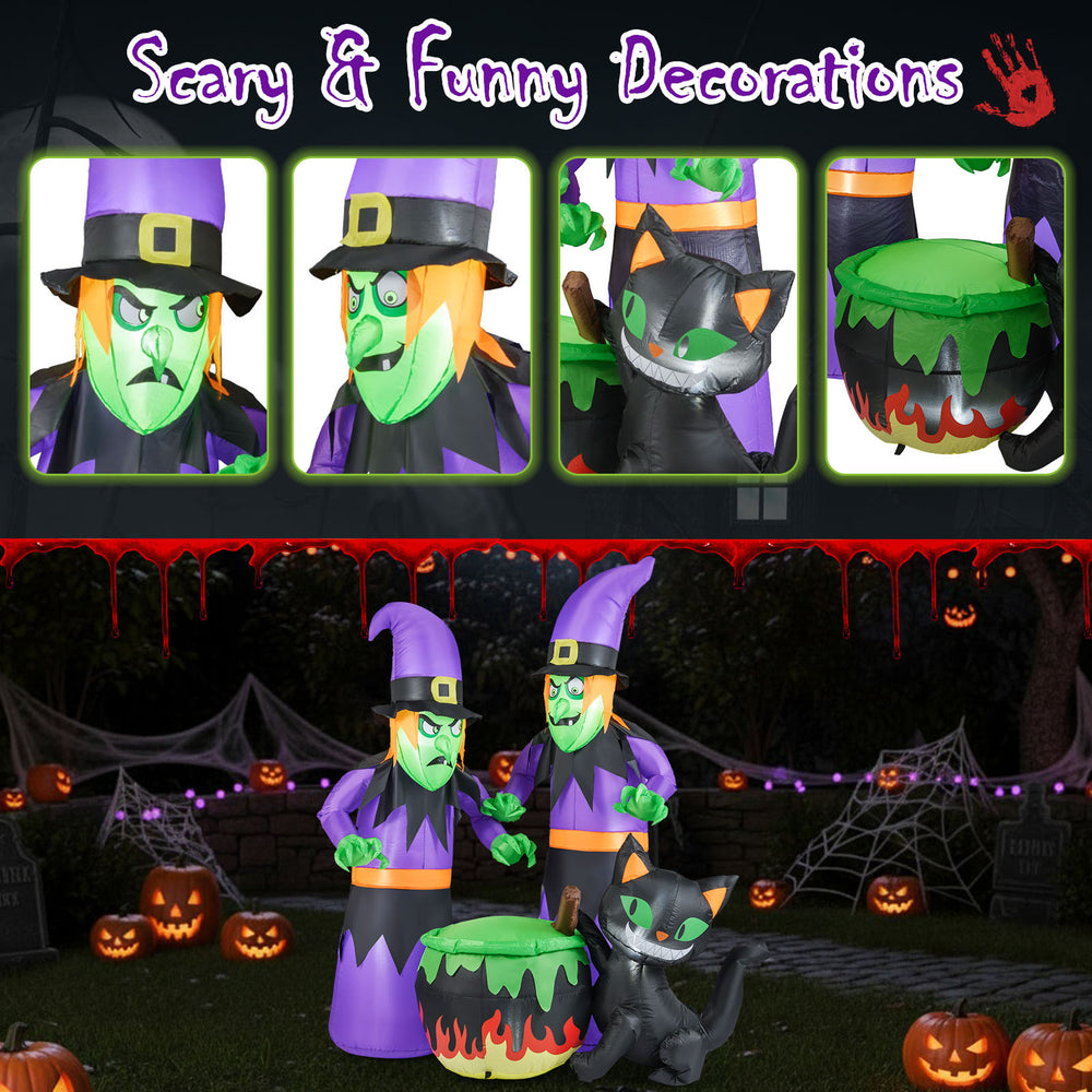 Inflatable black cat and cauldron with witches, 6 ft tall, adds a fun touch to your Halloween yard decorations.