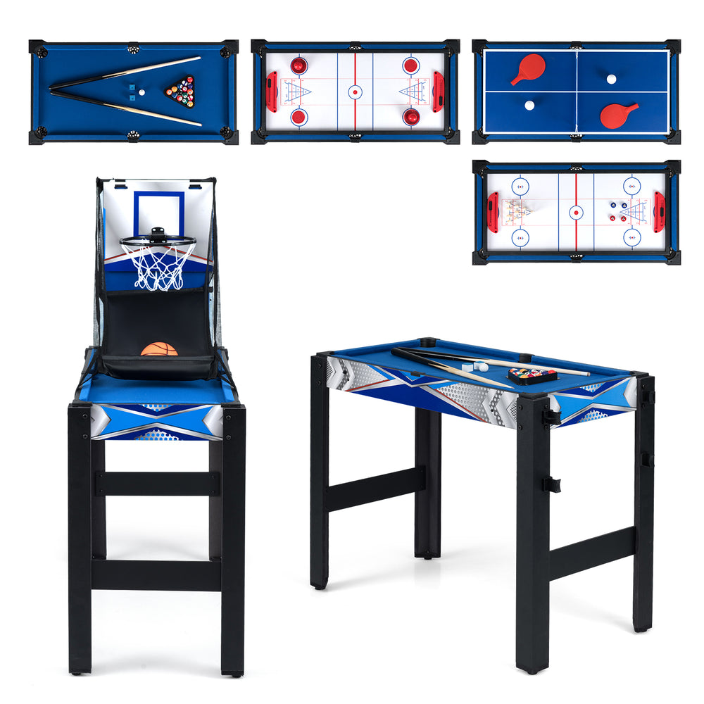 6-in-1 combo game table featuring basketball, billiards, and ping pong with adjustable legs for stable gameplay.