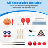 Complete accessory set for 6-in-1 combo game table including basketball, billiards, ping pong, and more.