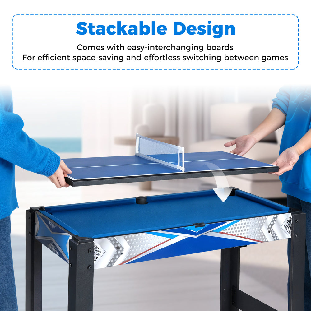 Stackable design of the 6-in-1 combo game table, featuring easy interchanging boards for quick game transitions.