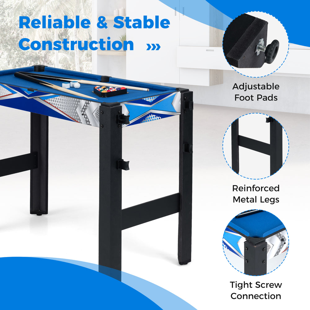 6-in-1 combo game table featuring adjustable foot pads and reinforced metal legs for stability, perfect for family fun.
