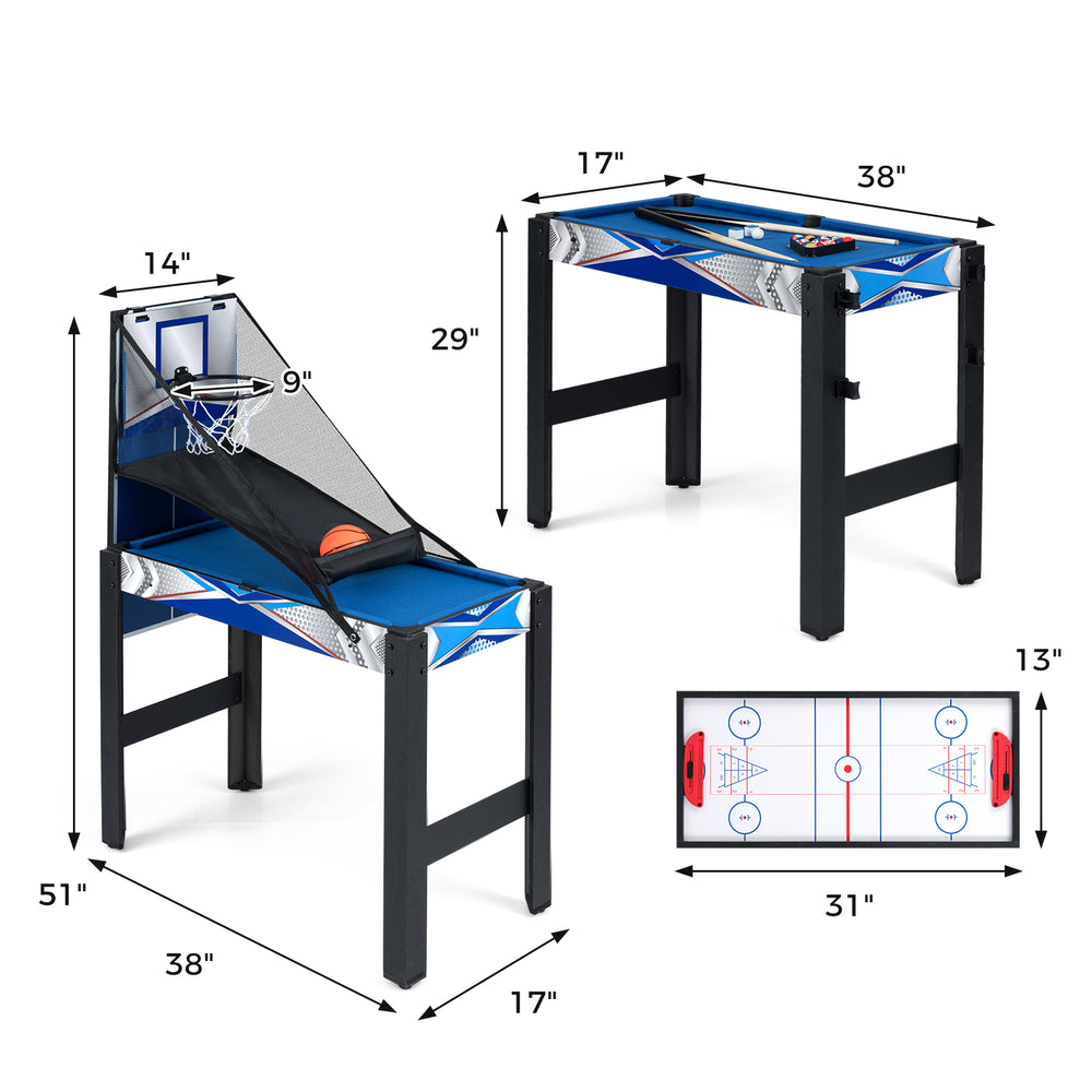 6-in-1 combo game table featuring basketball, billiards, and more, with adjustable foot pads for stability.