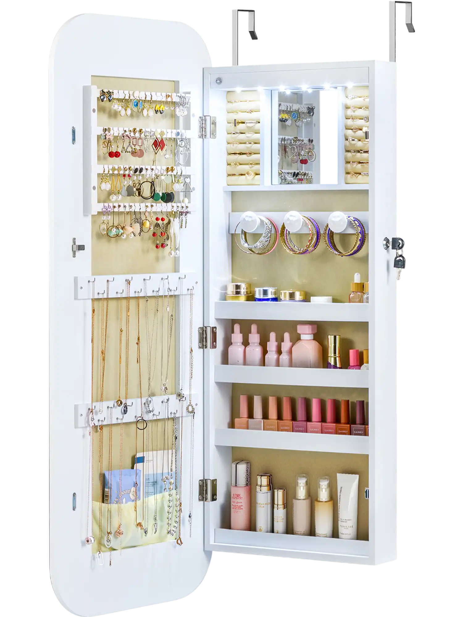 Costway Lockable Mirror Jewelry Cabinet Wall/Door Mounted 6 LED 73844717 New