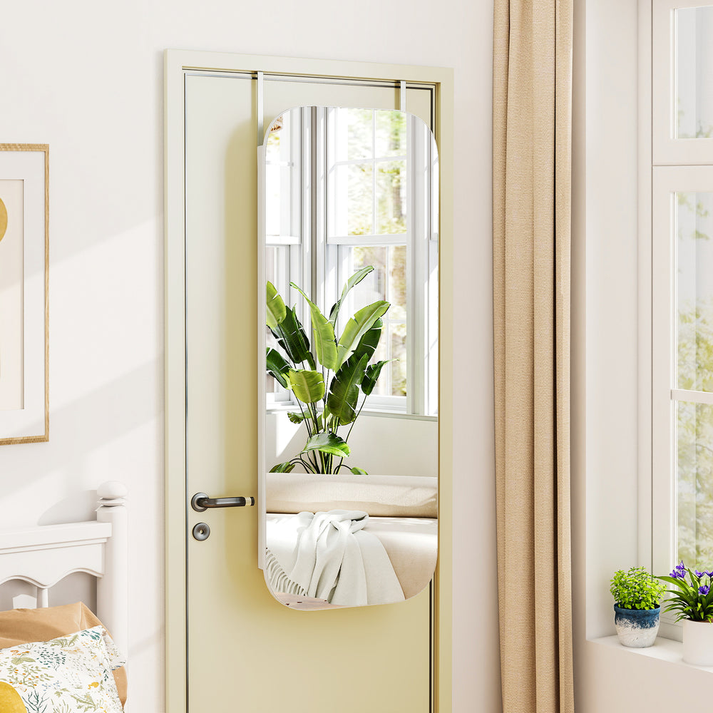 Frameless HD mirror jewelry cabinet mounted on a door, featuring 6 LED lights and organized storage for jewelry.