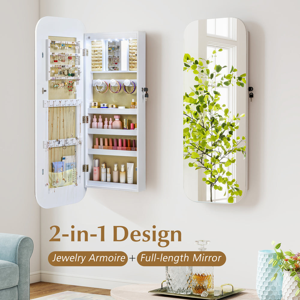 Jewelry armoire with full-length mirror, featuring 6 LED lights, lockable door, and organized storage for jewelry and.