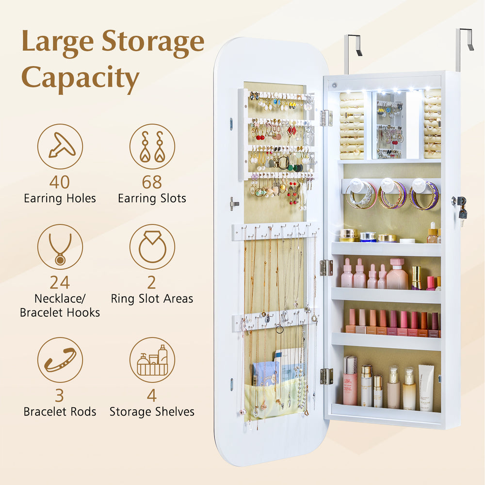 Jewelry cabinet with frameless mirror, LED lights, and organized storage for earrings, necklaces, and cosmetics.