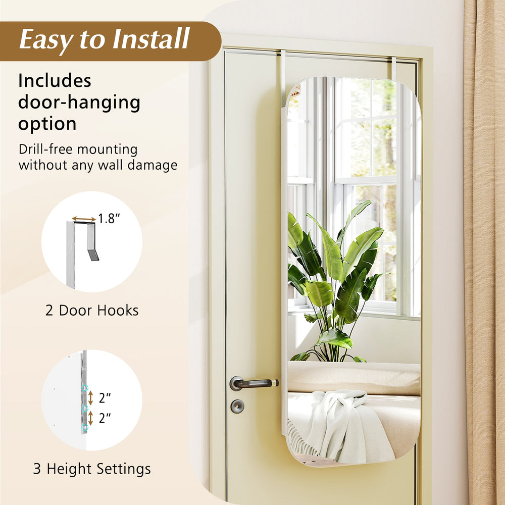 Frameless HD mirror jewelry cabinet with 6 LED lights, door hooks, and adjustable height for organized storage.