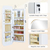 Lockable white jewelry cabinet with frameless mirror, LED lights, and organized storage for jewelry and cosmetics.
