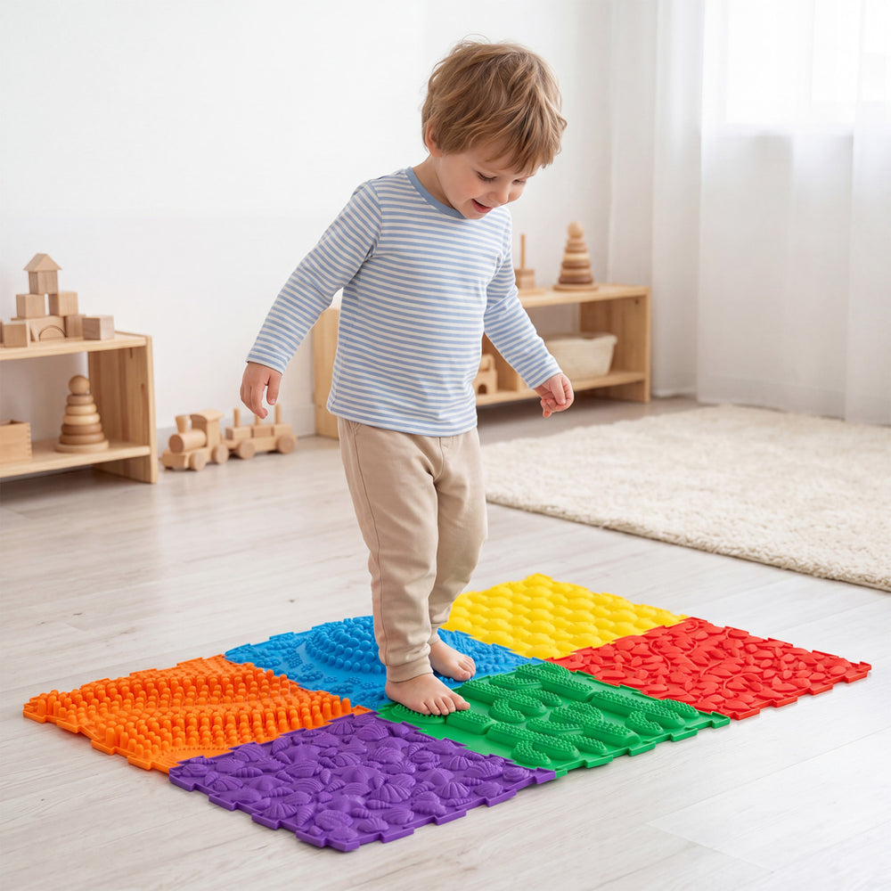 Colorful interlocking sensory mats for kids, featuring raised textures for tactile play and safe, soft TPE material.