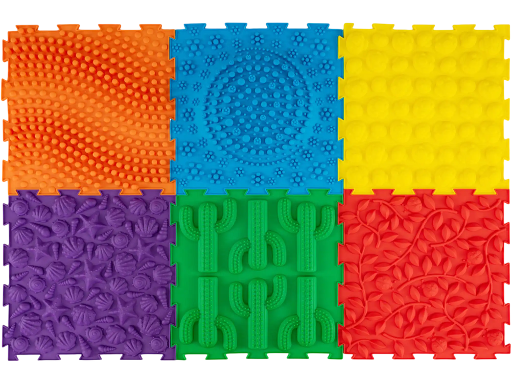 Colorful interlocking sensory mats featuring raised textures for tactile play, ideal for kids and adults' sensory.