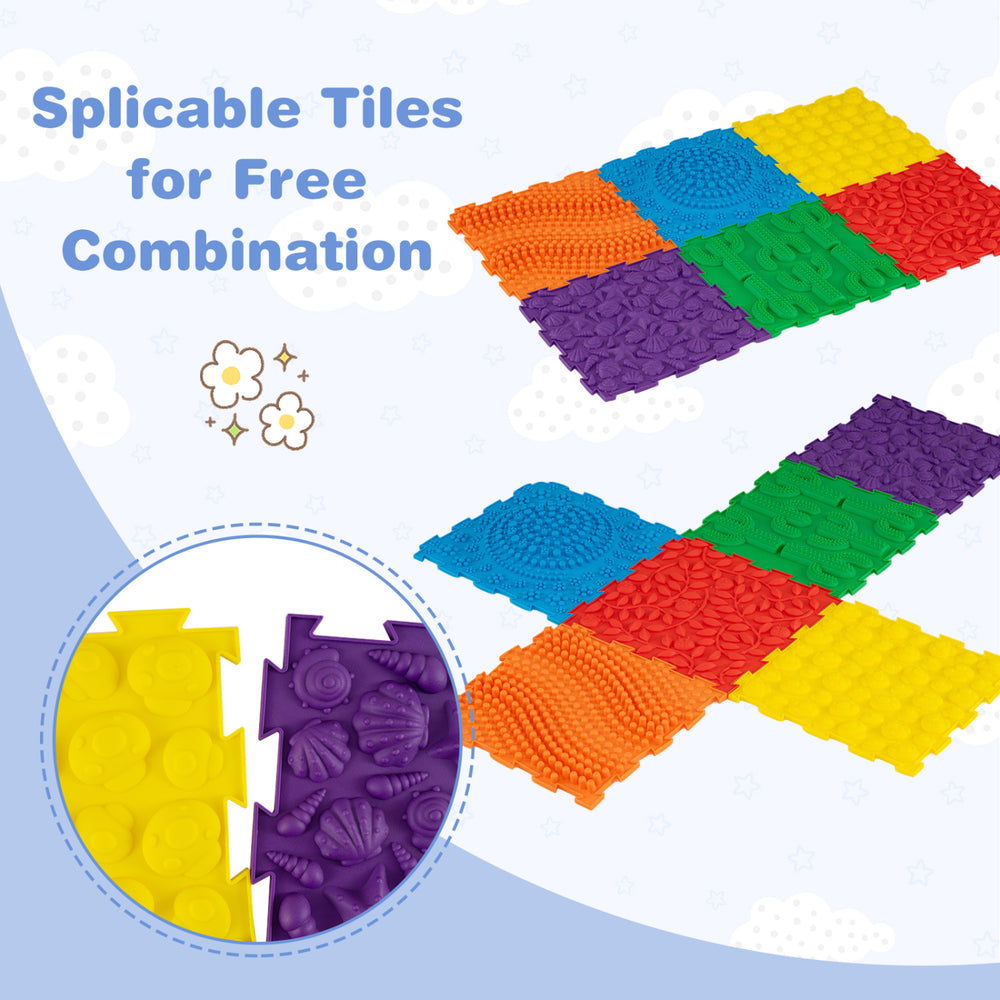 Colorful interlocking sensory mats featuring raised textures, ideal for tactile play and sensory development for kids.