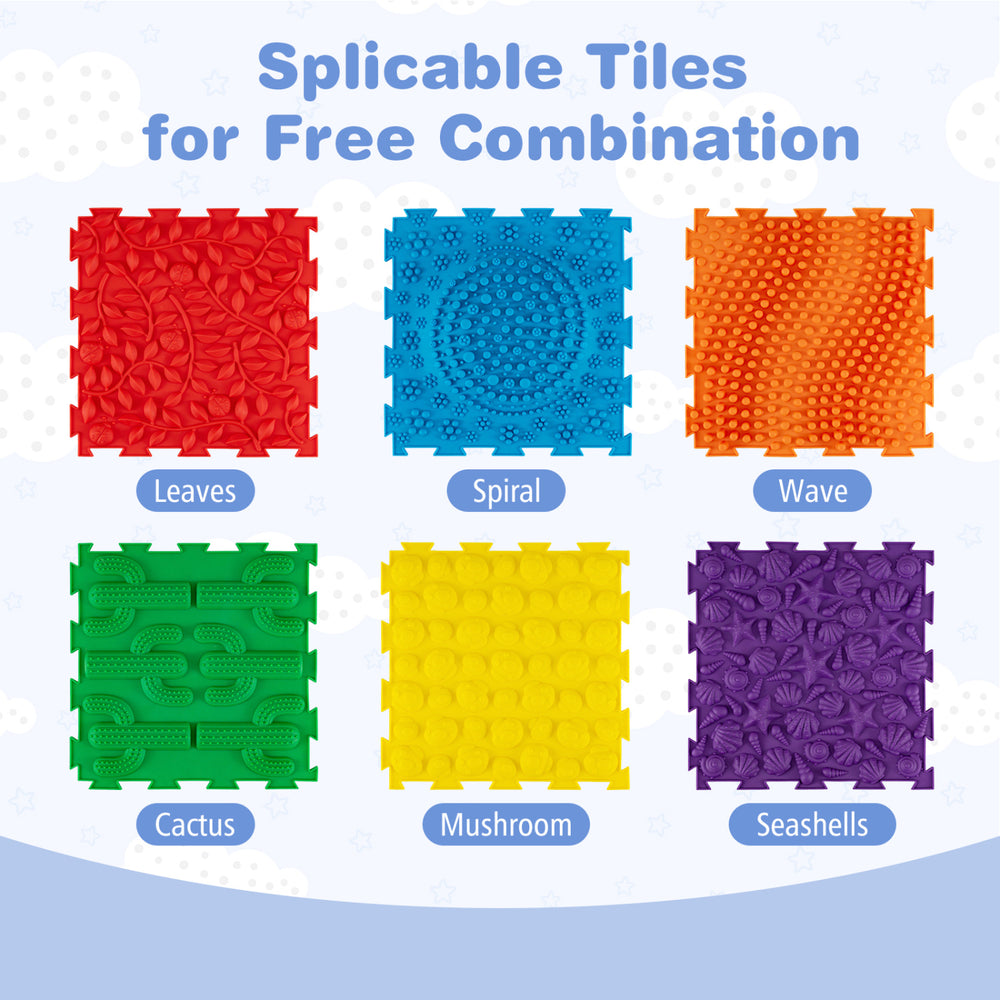 Colorful interlocking sensory mats featuring various textures, promoting tactile play and sensory development for kids.