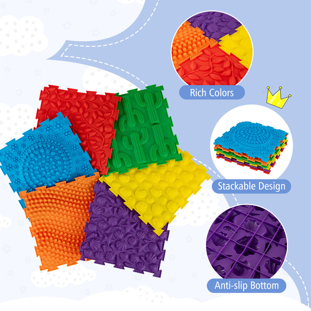 Colorful interlocking sensory mats featuring raised textures, anti-slip bottom, and stackable design for safe play.